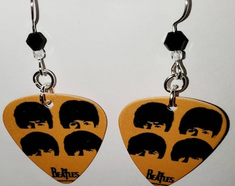 The Beatles Rock Band Guitar Pick Earrings "A Hard Day's Night" W/ Black & White Beads