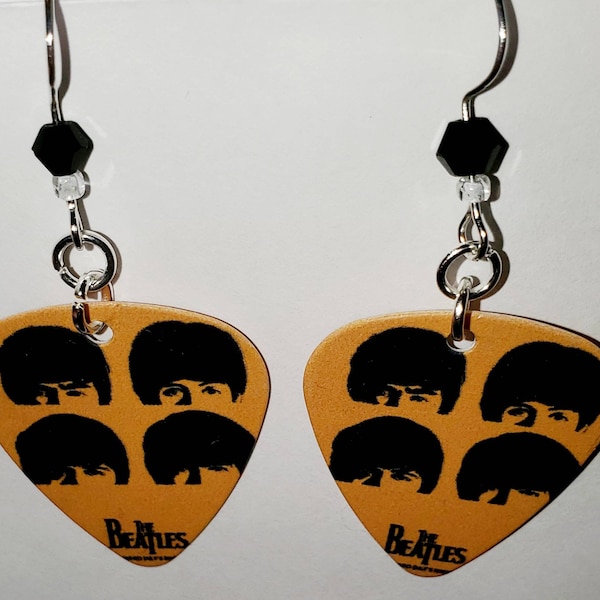 The Beatles Rock Band Guitar Pick Earrings "A Hard Day's Night" W/ Black & White Beads