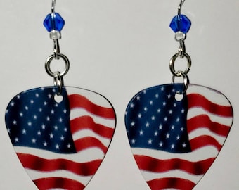 American Flag USA Patriotic Guitar Pick Earrings W/ Beads