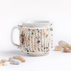 Cup Cozy in Flower mosaic, Knitted Mug Cozy, Coffee Cozy, Tea Cup Cozy, Handmade Wooden Button, Coffee Cozy Sleeve, Warmer, Fall, Gift image 1