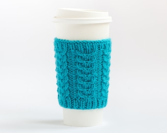 Aqua Cup Cozy, Coffee Cup Sleeve, Coffee Cozy, Knit Cup Cozy, Knit Coffee Sleeve, Knit Cabled Coffee Cozy, Warmer, Gift