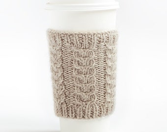 Beige Cup Cozy, Coffee Cup Sleeve, Coffee Cozy, Knit Cup Cozy, Knit Coffee Sleeve, Knit Cabled Coffee Cozy, Warmer, Gift