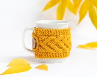 Cup Cozy in Yellow, Knitted Mug Cozy, Coffee Cozy, Tea Cup Cozy, Handmade Wooden Button, Coffee Cozy Sleeve, Warmer, Fall, Gift