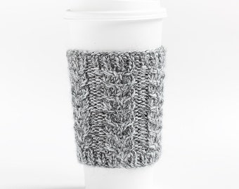 Grey Melange Cup Cozy, Coffee Cup Sleeve, Coffee Cozy, Knit Cup Cozy, Knit Coffee Sleeve, Knit Cabled Coffee Cozy, Warmer, Gift