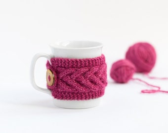 Handmade Knitted Mug Cozy | Bright Pink, Coffee Sleeve with Wooden Button, Reusable, Fall Gift