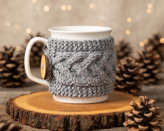 Cup Cozy in Grey, Knitted Mug Cozy, Coffee Cozy, Tea Cup Cozy, Handmade Wooden Button, Coffee Cozy Sleeve, Warmer, Winter, Gift