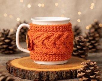 Handmade Knitted Mug Cozy | Orange, Coffee Sleeve with Wooden Button, Reusable, Autumn Gift