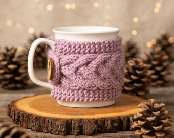 Handmade Knitted Mug Cozy | Light Purple, Coffee Sleeve with Wooden Button, Reusable, Autumn Gift