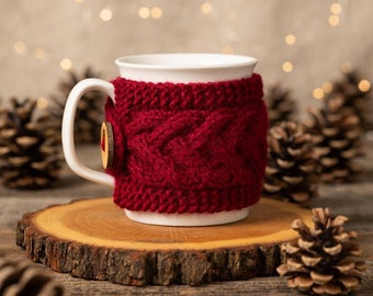 Cup Cozy in Bordeaux, Knitted Mug Cozy, Coffee Cozy, Tea Cup Cozy, Handmade Wooden Button, Coffee Cozy Sleeve, Warmer, Gift, Fall, Winter