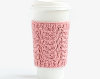 Pink Cup Cozy, Coffee Cup Sleeve, Coffee Cozy, Knit Cup Cozy, Knit Coffee Sleeve, Knit Cabled Coffee Cozy, Warmer, Gift