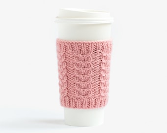 Pink Cup Cozy, Coffee Cup Sleeve, Coffee Cozy, Knit Cup Cozy, Knit Coffee Sleeve, Knit Cabled Coffee Cozy, Warmer, Gift