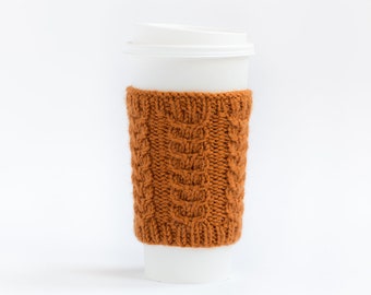 Dark Orange Cup Cozy, Coffee Cup Sleeve, Coffee Cozy, Knit Cup Cozy, Knit Coffee Sleeve, Knit Cabled Coffee Cozy, Warmer, Gift