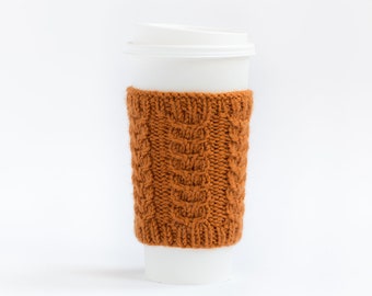 Donker oranje beker gezellig, koffiekopje mouw, koffie gezellig, gebreide beker gezellig, gebreide koffie mouw, gebreide bekabelde koffie gezellig, warmer, cadeau