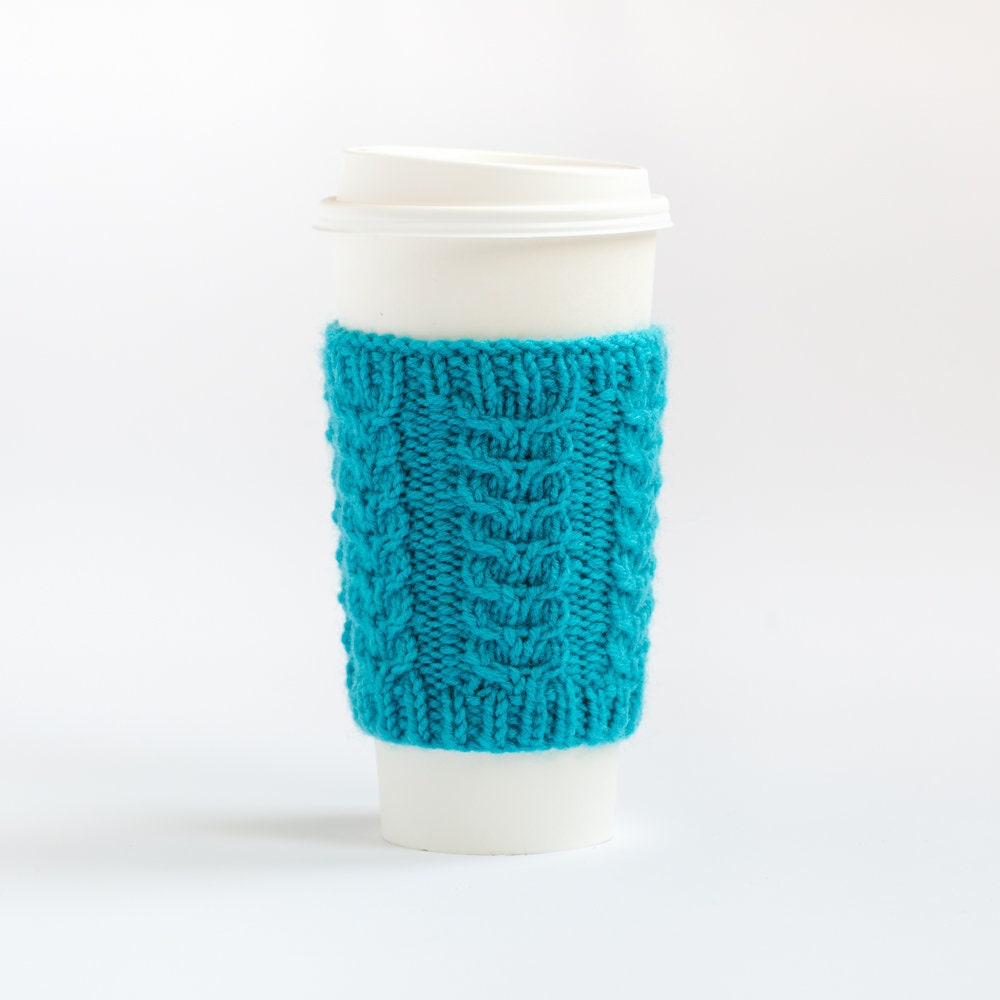 Handmade Knitted Coffee Cozy | Aqua, Cabled Coffee Cup Sleeve, Reusable Gift
