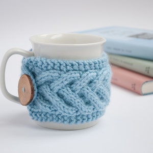 Cup Cozy in Blue, Knitted Mug Cozy, Coffee Cozy, Tea Cup Cozy, Handmade Wooden Button, Coffee Cozy Sleeve, Warmer, Christmas, Winter, Gift image 1