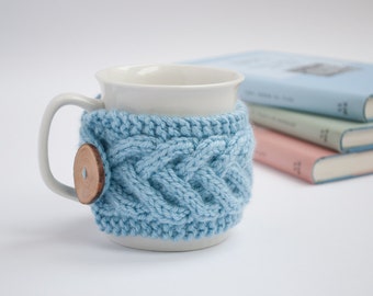 Cup Cozy in Blue, Knitted Mug Cozy, Coffee Cozy, Tea Cup Cozy, Handmade Wooden Button, Coffee Cozy Sleeve, Warmer, Christmas, Winter, Gift