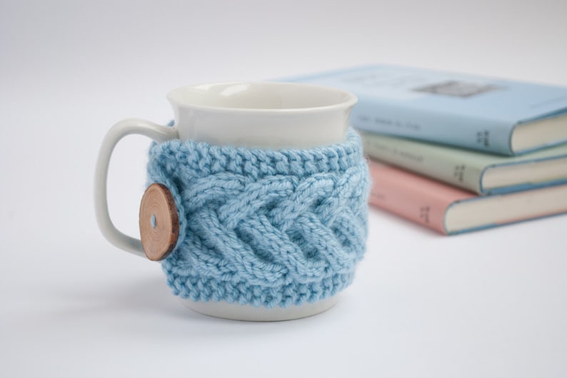 Cup Cozy in Blue, Knitted Mug Cozy, Coffee Cozy, Tea Cup Cozy, Handmade Wooden Button, Coffee Cozy Sleeve, Warmer, Christmas, Winter, Gift image 1