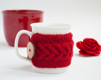 Cup Cozy in Red, Knitted Mug Cozy, Coffee Cozy, Tea Cup Cozy, Handmade Wooden Button, Coffee Cozy Sleeve, Warmer, Christmas, Gift