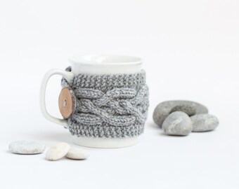 Cup Cozy in Grey Melange, Knitted Mug Cozy, Coffee Cozy, Cup Cozy, Handmade Wooden Button, Coffee Cozy Sleeve, Warmer, Fall, Autumn, Gift