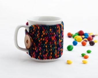 Cup Cozy Cold Rainbow, Knitted Mug Cozy, Coffee Cozy, Tea Cup Cozy, Handmade Wooden Button, Coffee Cozy Sleeve, Warmer, Winter, Gift