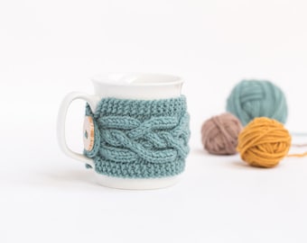 Cup Cozy in Azure, Knitted Mug Cozy, Coffee Cozy, Tea Cup Cozy, Handmade Wooden Button, Coffee Cozy Sleeve, Warmer, Fall, Autumn, Gift