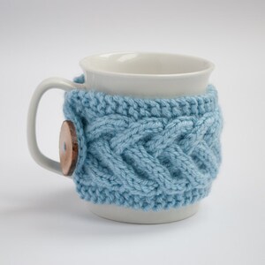 Cup Cozy in Blue, Knitted Mug Cozy, Coffee Cozy, Tea Cup Cozy, Handmade Wooden Button, Coffee Cozy Sleeve, Warmer, Christmas, Winter, Gift image 2