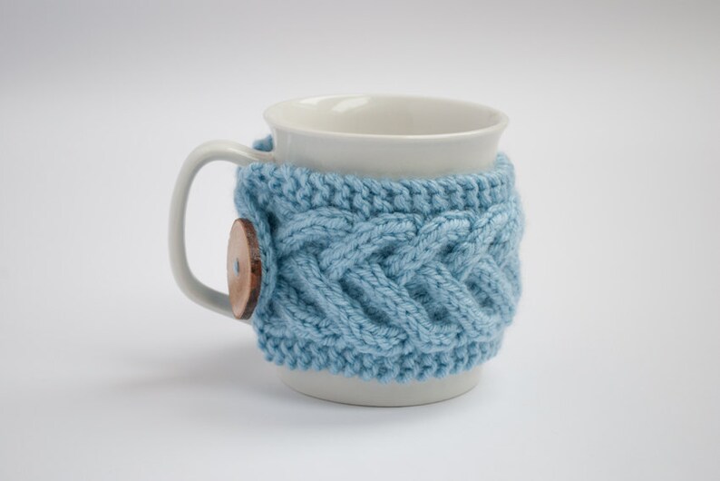 Cup Cozy in Blue, Knitted Mug Cozy, Coffee Cozy, Tea Cup Cozy, Handmade Wooden Button, Coffee Cozy Sleeve, Warmer, Christmas, Winter, Gift image 2