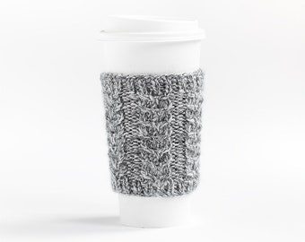 Grey Melange Cup Cozy, Coffee Cup Sleeve, Coffee Cozy, Knit Cup Cozy, Knit Coffee Sleeve, Knit Cabled Coffee Cozy, Warmer, Gift