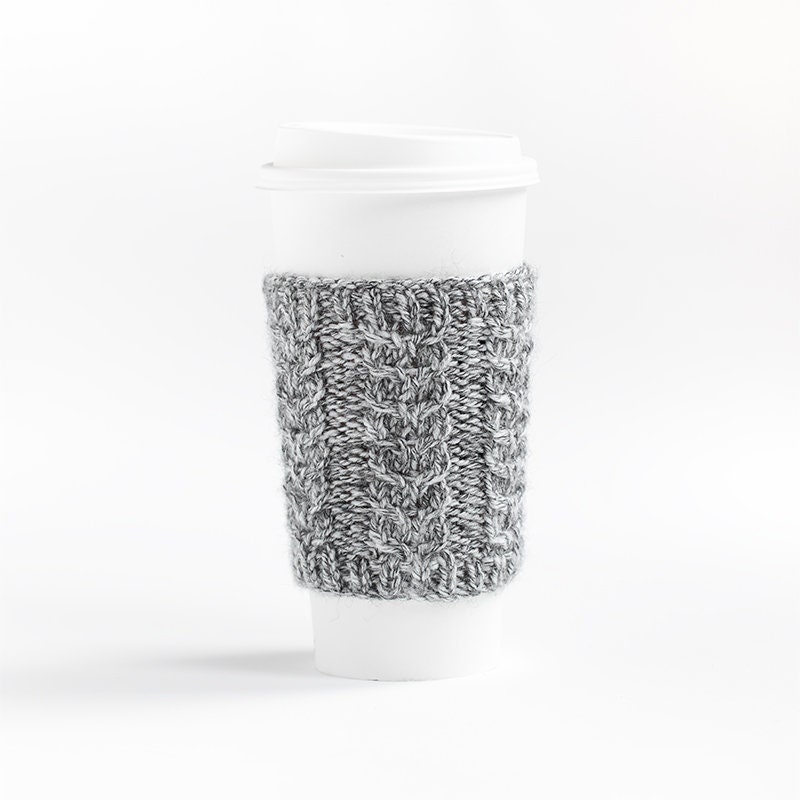 gris mélange de tasse confortable, manchon à café, café confortable en tricot, câblé tricot chauffe-plat, cadeau