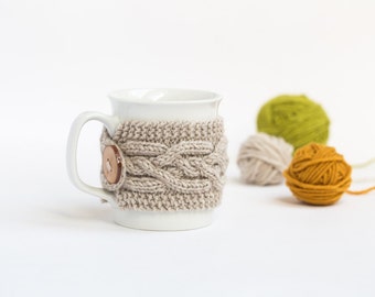 Cup Cozy in Beige Melange, Knitted Mug Cozy, Coffee Cozy, Cup Cozy, Handmade Wooden Button, Coffee Cozy Sleeve, Warmer, Fall, Autumn, Gift