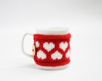 Valentine's day Cup Cozy in Red with Hearts, Knitted Mug Cozy, Coffee Cozy, Handmade Wooden Button, Coffee Cozy Sleeve, Warmer, Winter, Gift