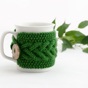 Cup Cozy in Forest Green, Knitted Mug Cozy, Coffee Cozy, Tea Cup Cozy, Handmade Wooden Button, Coffee Cozy Sleeve, Warmer, Winter, Gift