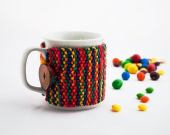 Cup Cozy Warm Rainbow, Knitted Mug Cozy, Coffee Cozy, Tea Cup Cozy, Handmade Wooden Button, Coffee Cozy Sleeve, Warmer, Winter, Gift
