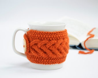 Cup Cozy in Orange, Knitted Mug Cozy, Coffee Cozy, Tea Cup Cozy, Handmade Wooden Button, Coffee Cozy Sleeve, Warmer, Fall, Autumn, Gift
