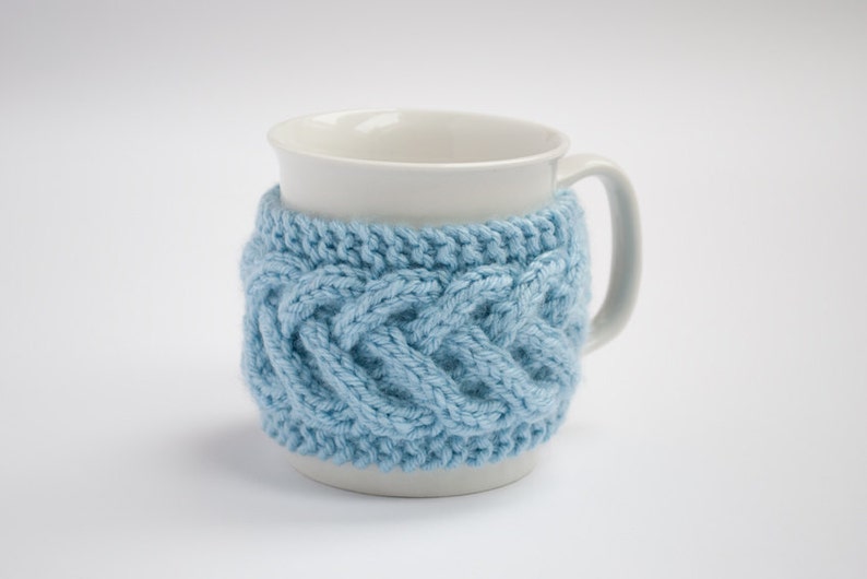 Cup Cozy in Blue, Knitted Mug Cozy, Coffee Cozy, Tea Cup Cozy, Handmade Wooden Button, Coffee Cozy Sleeve, Warmer, Christmas, Winter, Gift image 3
