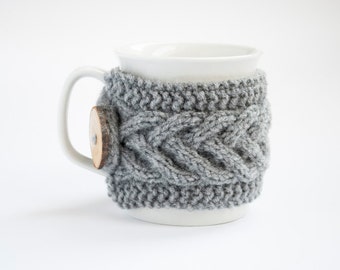 Cup Cozy in Grey, Knitted Mug Cozy, Coffee Cozy, Tea Cup Cozy, Handmade Wooden Button, Coffee Cozy Sleeve, Warmer, Winter, Gift