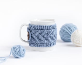 Cup Cozy in Light Denim Mélange, Knitted Mug Cozy, Coffee Cozy, Tea Cup Cozy, Handmade Wooden Button, Coffee Cozy Sleeve, Warmer, Fall, Gift