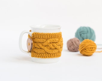 Cup Cozy in color Mustard, Knitted Mug Cozy, Coffee Cozy, Tea Cup Cozy, Handmade Wooden Button, Coffee Cozy Sleeve, Warmer, Fall, Gift