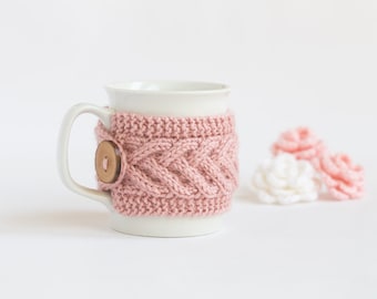 Cup Cozy in Pink, Knitted Mug Cozy, Coffee Cozy, Tea Cup Cozy, Handmade Wooden Button, Coffee Cozy Sleeve, Warmer, Fall, Autumn, Gift