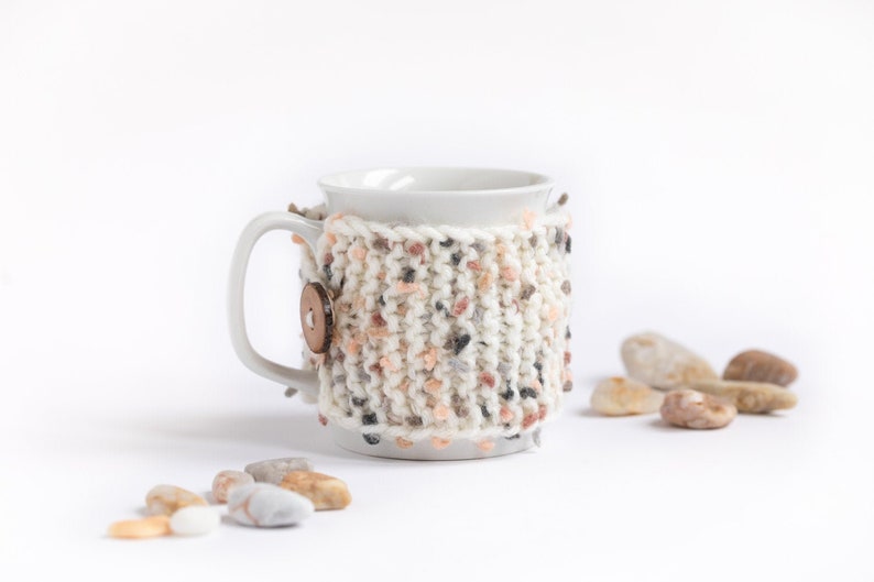 Cup Cozy in Flower mosaic, Knitted Mug Cozy, Coffee Cozy, Tea Cup Cozy, Handmade Wooden Button, Coffee Cozy Sleeve, Warmer, Fall, Gift image 1