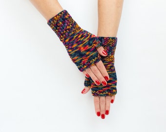 Dark Rainbow Hand knitted Women Fingerless Gloves - Accessory