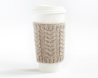Beige Cup Cozy, Coffee Cup Sleeve, Coffee Cozy, Knit Cup Cozy, Knit Coffee Sleeve, Knit Cabled Coffee Cozy, Warmer, Gift