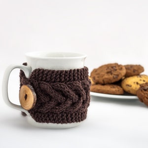 Cup Cozy in Brown, Knitted Mug Cozy, Coffee Cozy, Tea Cup Cozy, Handmade Wooden Button, Coffee Cozy Sleeve, Warmer, Winter, Gift image 1