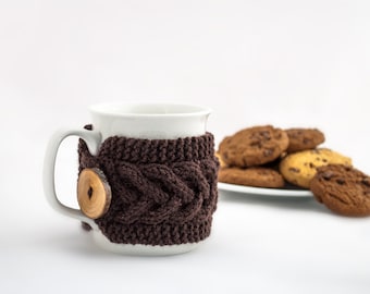 Cup Cozy in Brown, Knitted Mug Cozy, Coffee Cozy, Tea Cup Cozy, Handmade Wooden Button, Coffee Cozy Sleeve, Warmer, Winter, Gift