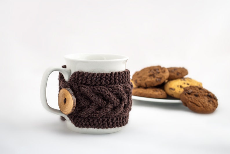 Cup Cozy in Brown, Knitted Mug Cozy, Coffee Cozy, Tea Cup Cozy, Handmade Wooden Button, Coffee Cozy Sleeve, Warmer, Winter, Gift image 1