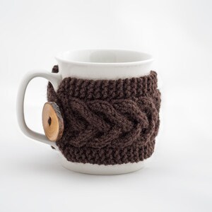 Cup Cozy in Brown, Knitted Mug Cozy, Coffee Cozy, Tea Cup Cozy, Handmade Wooden Button, Coffee Cozy Sleeve, Warmer, Winter, Gift image 2