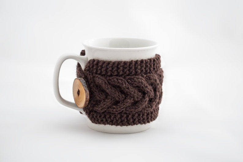 Cup Cozy in Brown, Knitted Mug Cozy, Coffee Cozy, Tea Cup Cozy, Handmade Wooden Button, Coffee Cozy Sleeve, Warmer, Winter, Gift image 2