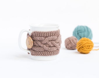 Cup Cozy in Milky Brown, Knitted Mug Cozy, Coffee Cozy, Tea Cup Cozy, Handmade Wooden Button, Coffee Cozy Sleeve, Warmer, Fall, Autumn, Gift