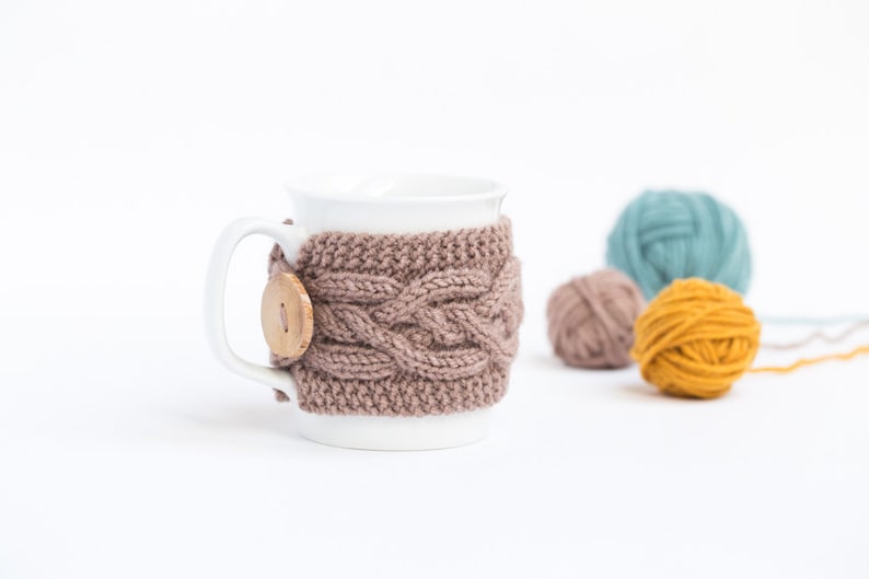 Cup Cozy in Milky Brown, Knitted Mug Cozy, Coffee Cozy, Tea Cup Cozy, Handmade Wooden Button, Coffee Cozy Sleeve, Warmer, Fall, Autumn, Gift image 1