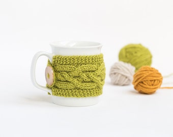 Handmade Knitted Mug Cozy | Light Green, Coffee Sleeve with Wooden Button, Reusable, Fall Gift